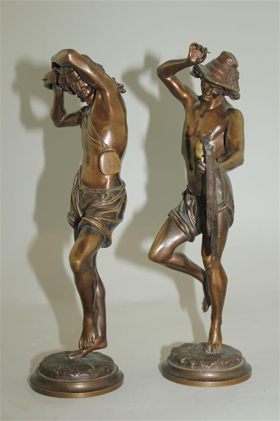 Albert Carrier Belleuse (French, 1824-1887). Danseurs Napolitains, a pair of patinated bronze figures of musicians, 10.5in.